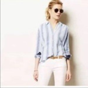 ANTHROPOLOGIE Isabella Sinclair Altay Lace Inset Top Blue Stripe Chambray Sz S